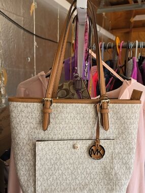 Michael Kors Cream Logo Tote with Tan Trim and MK Charm